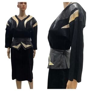 80s Black Suede Leather and Snakeskin Batwing Dress | VTG 10 fits S